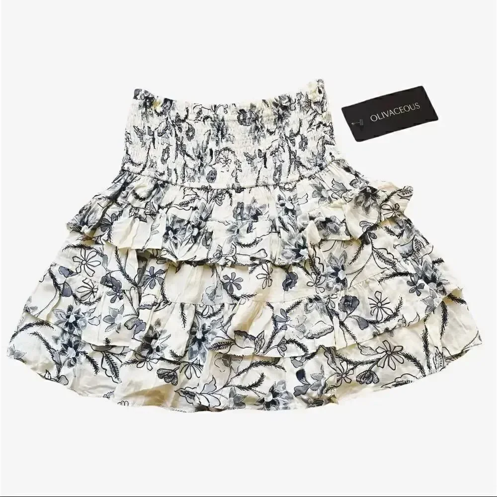 Olivaceous Floral Paisley Smocked Ruffled Tiered Womens Skirt SZ S